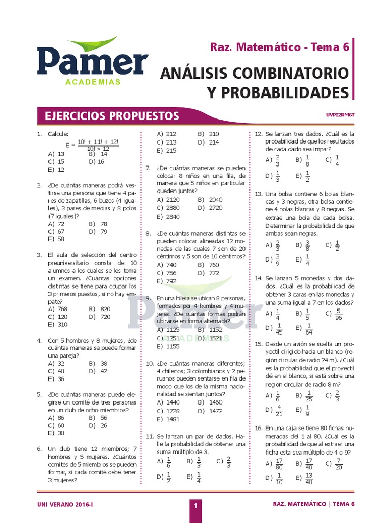 Ejercicios De Probabilidades Y Análisis Combinatorio – CMTHO