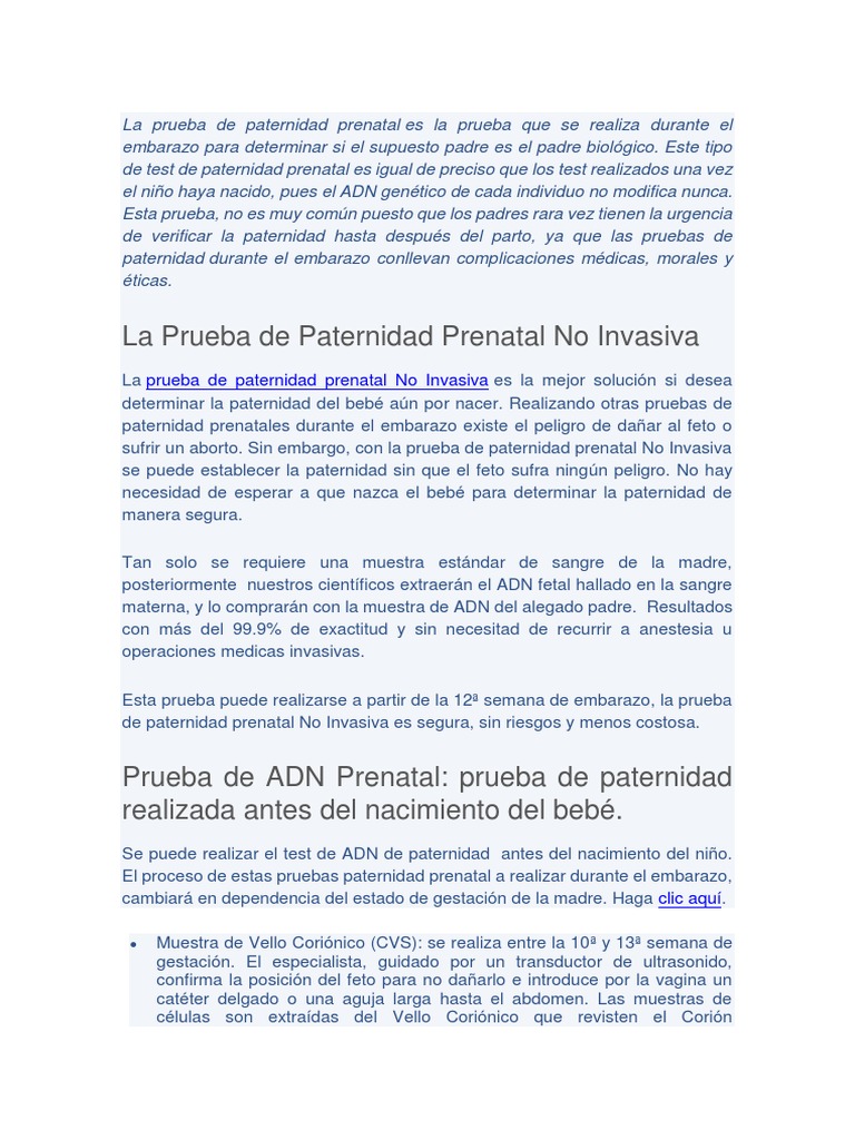 La Prueba De Paternidad Prenatal Pdf Prueba Genética El Embarazo