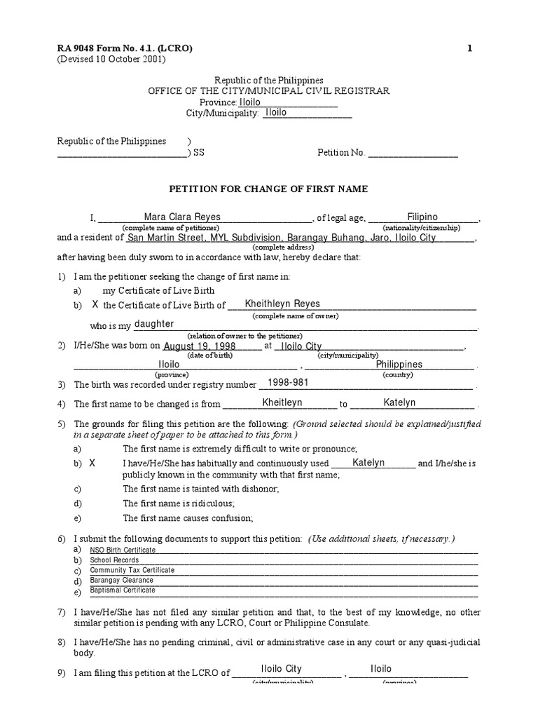 Sample Change of Name RA 9048 | PDF | Public Law | Social Institutions