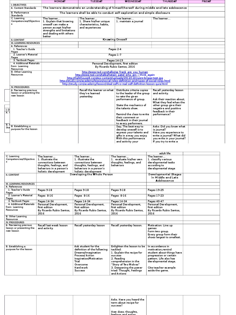 Daily Lesson Log Personal Dev T | PDF | Adolescence | Motivation