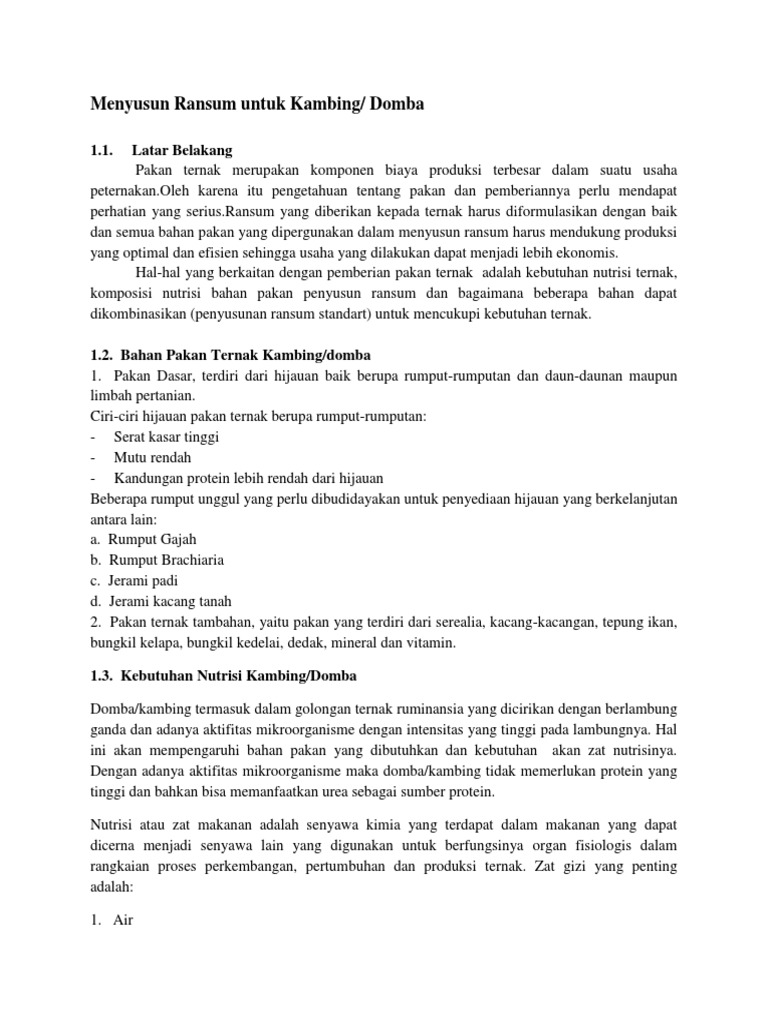 Ransum Nutrisi untuk Domba dan Kambing | PDF