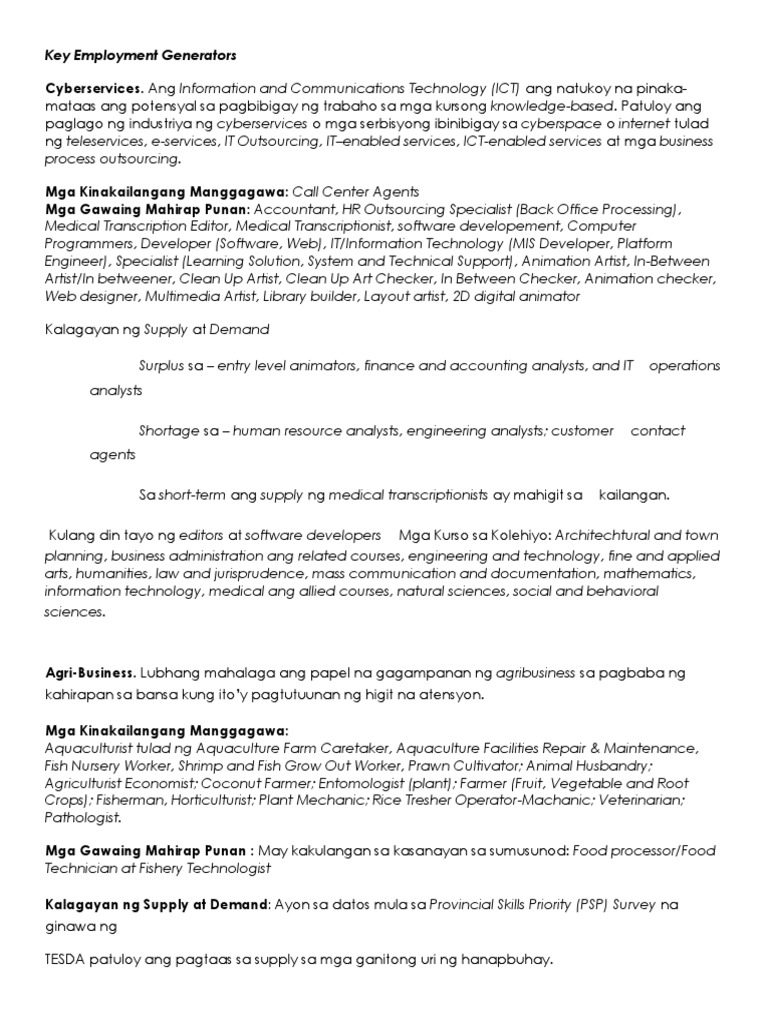 Key Employment Generators in the Philippines | PDF