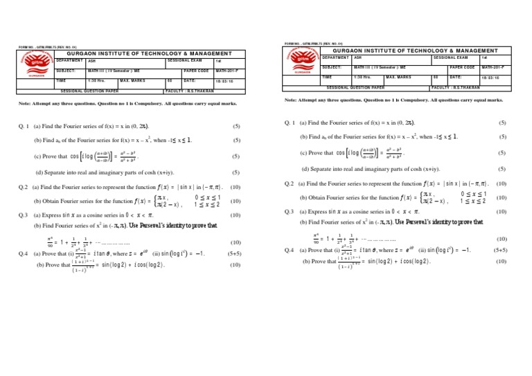Sessional Exam Paper: MATH III (Fourier Series) | PDF