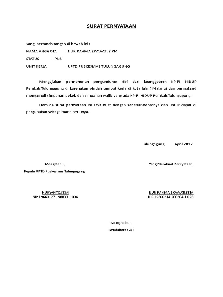 Contoh Surat Pernyataan Pengunduran Diri Dari Anggota Koperasi  Contoh