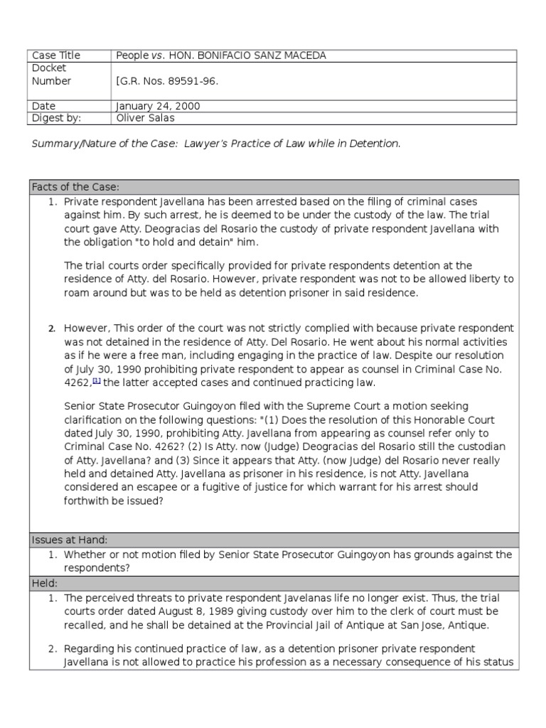 Summary/Nature of The Case Lawyer's Practice of Law While in Detention