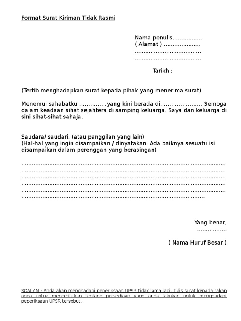 Contoh Soalan Beserta Jawapan Karangan Surat Kiriman Tidak Rasmi