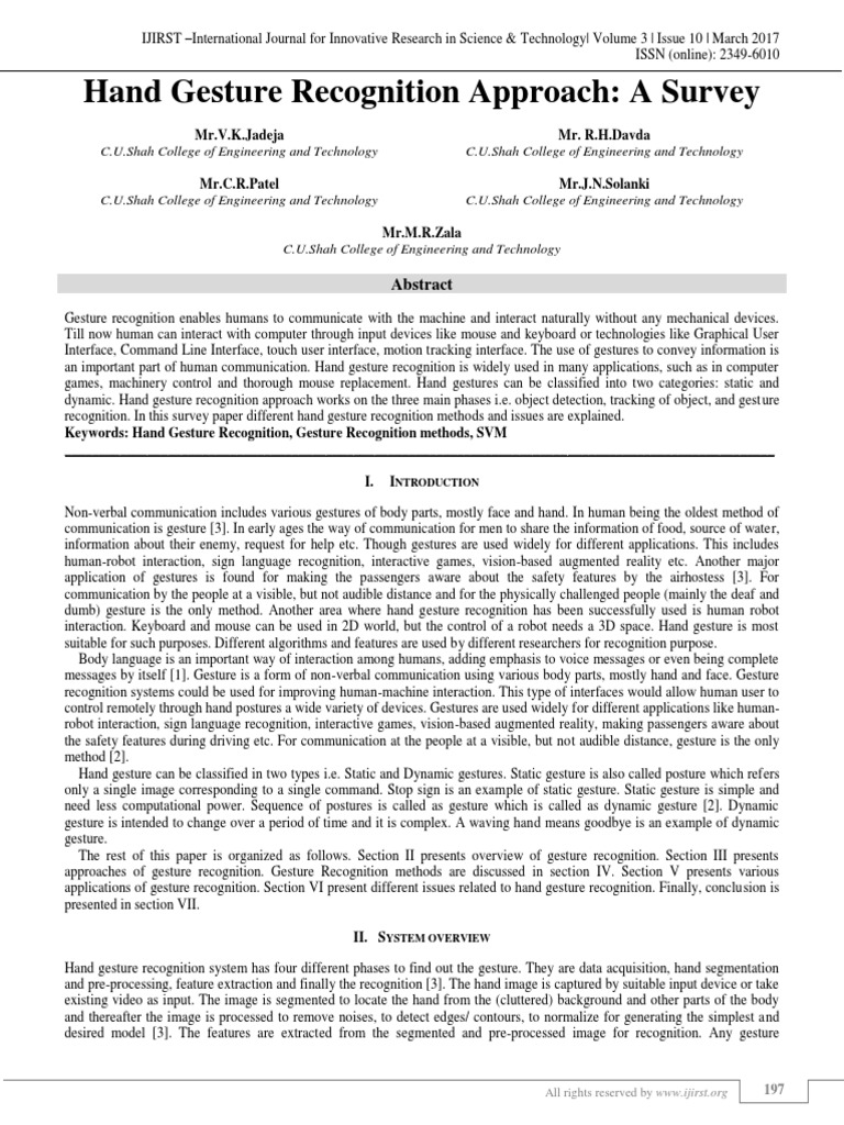 Hand Gesture Recognition Survey 2017 | PDF | Statistical Classification ...