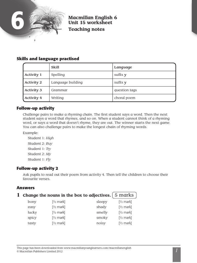Macmillan English 6 Unit 15 Worksheet Teaching Notes Change The Nouns