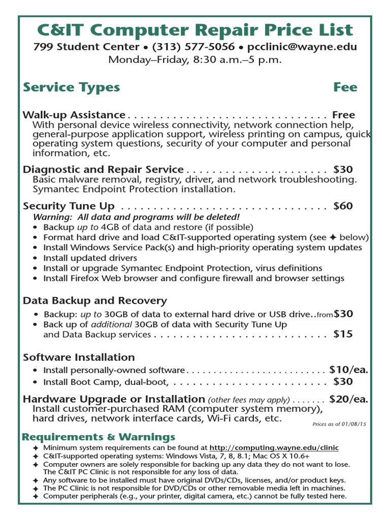 C&IT Computer Repair Price List Service Types Fee PDF Operating