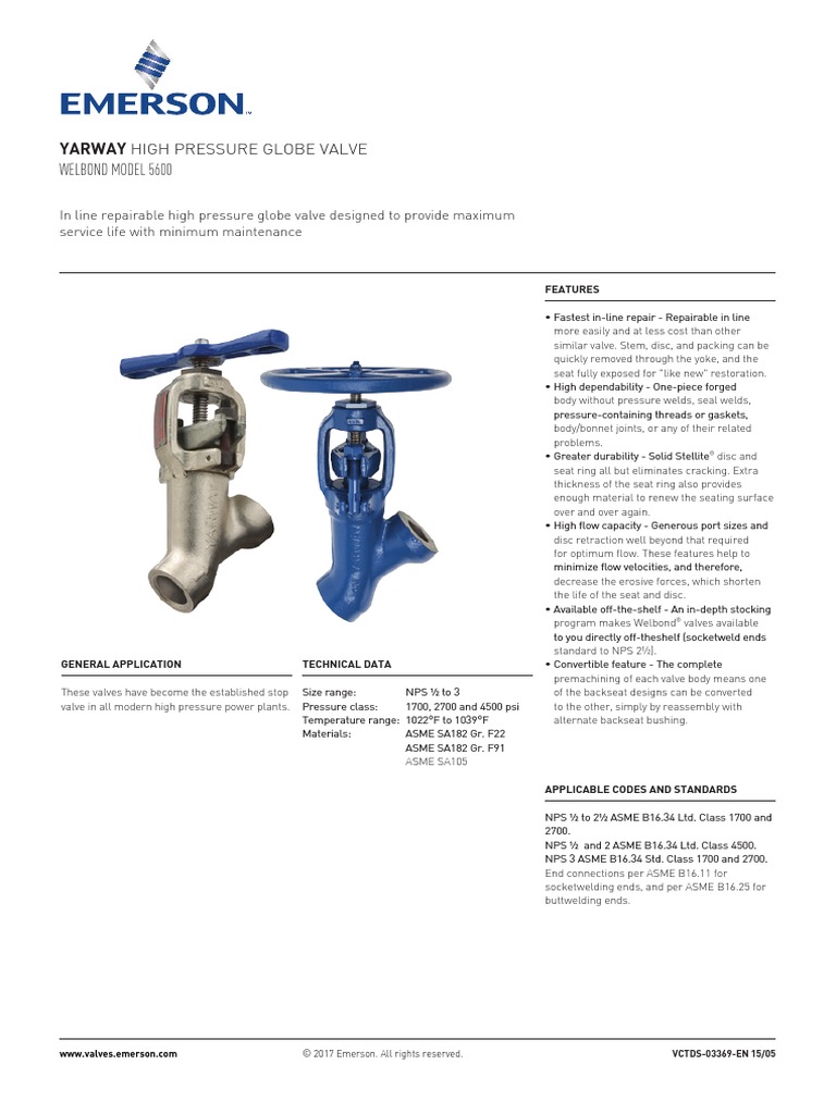 Welbond Model 5600 Yarway High Pressure Globe Valve