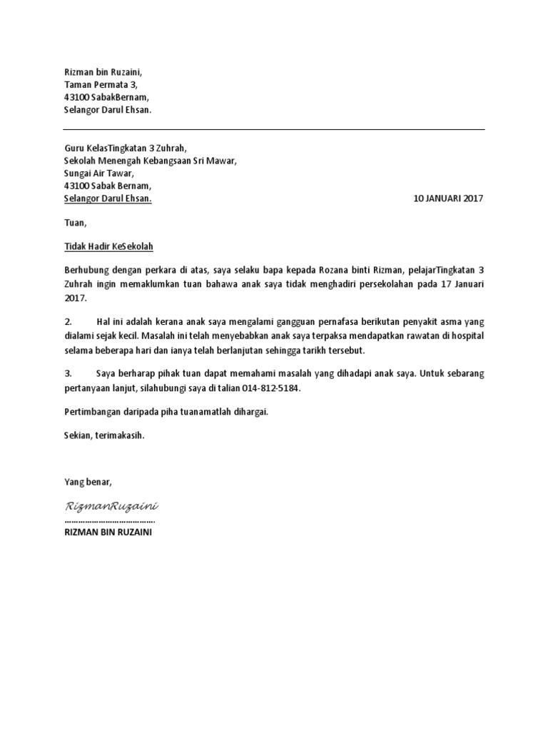 Surat Tidak Hadir Ke Sekolah Contoh Sebab Sakit Demam