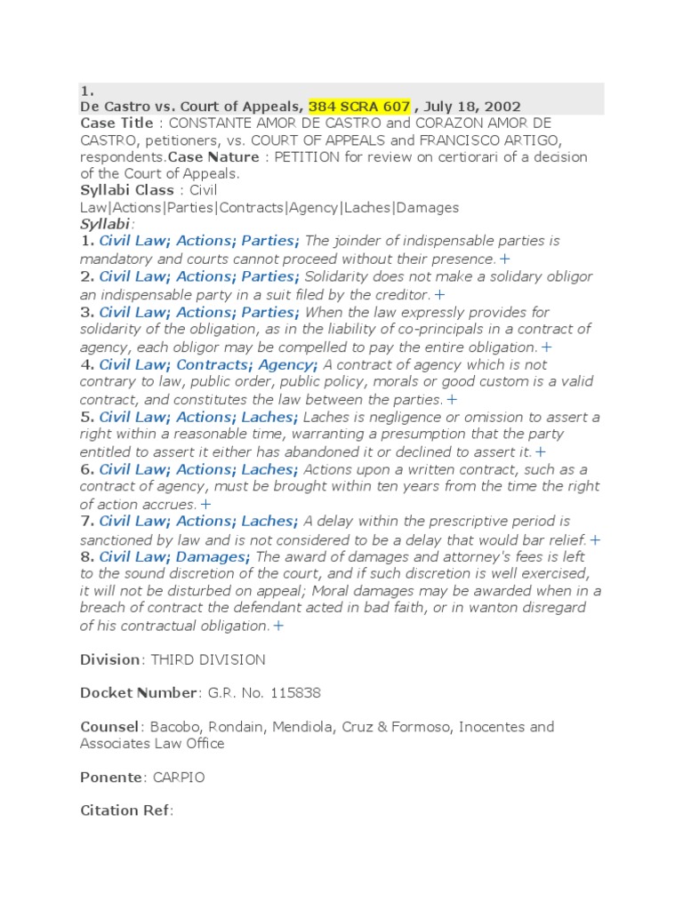 de Castro vs. CA 384 Scra 607 PDF Law Of Agency Laches (Equity)