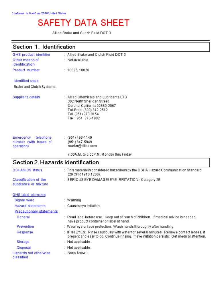 SDS Lucas DOT3 Brake Fluid Toxicity First Aid