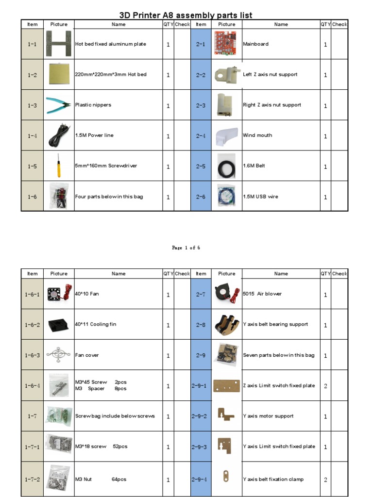 3D Printer A8 Assembly Parts List Screw Mechanical Engineering