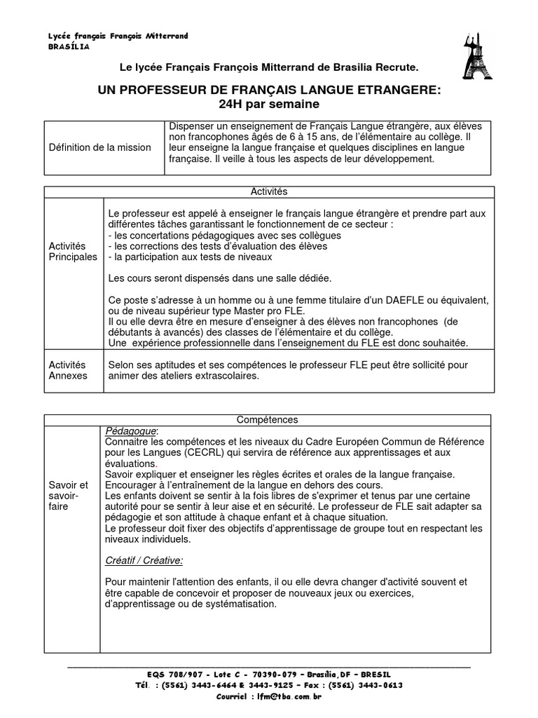 Fiche de Recrutement Poste de Prof de FLE  Langue française  Pédagogie