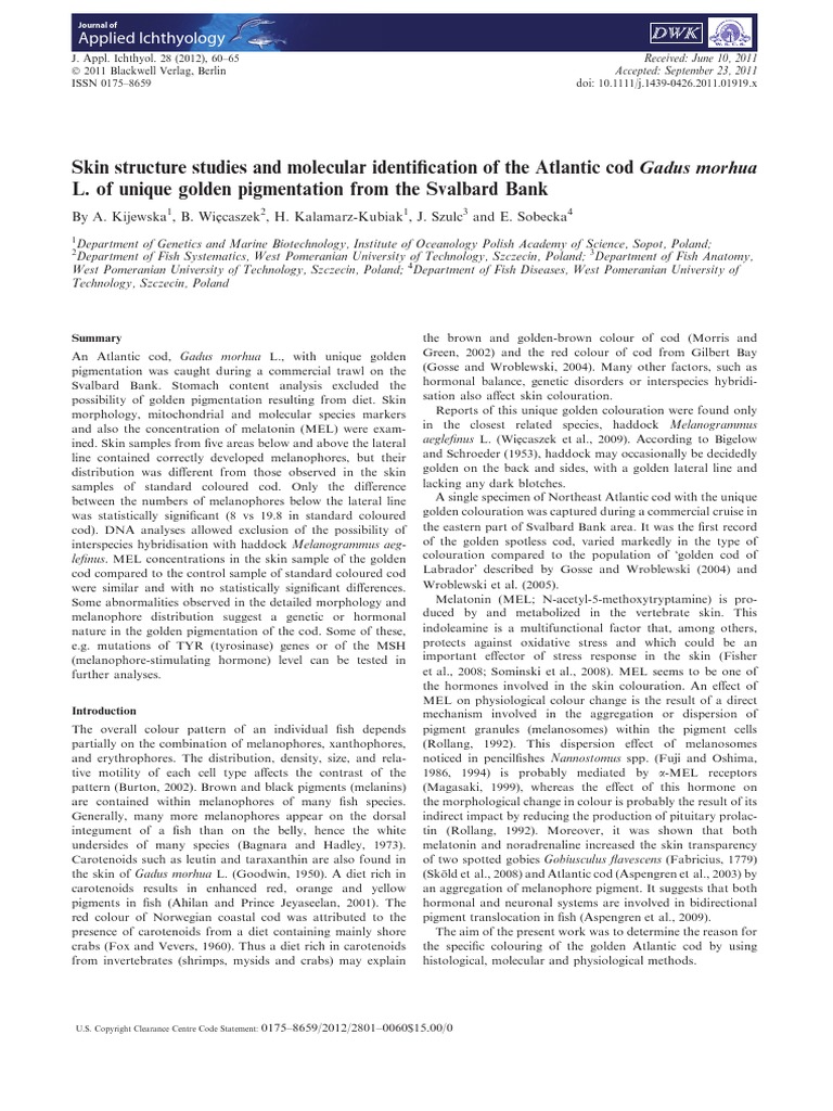 Skin Structure Studies and Molecular Identification of The Atlantic Cod ...
