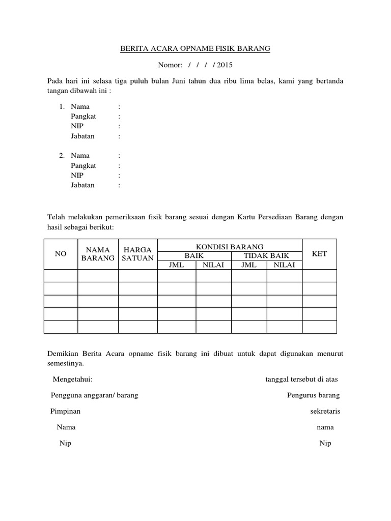 Berita Acara Opname Fisik Barang | PDF