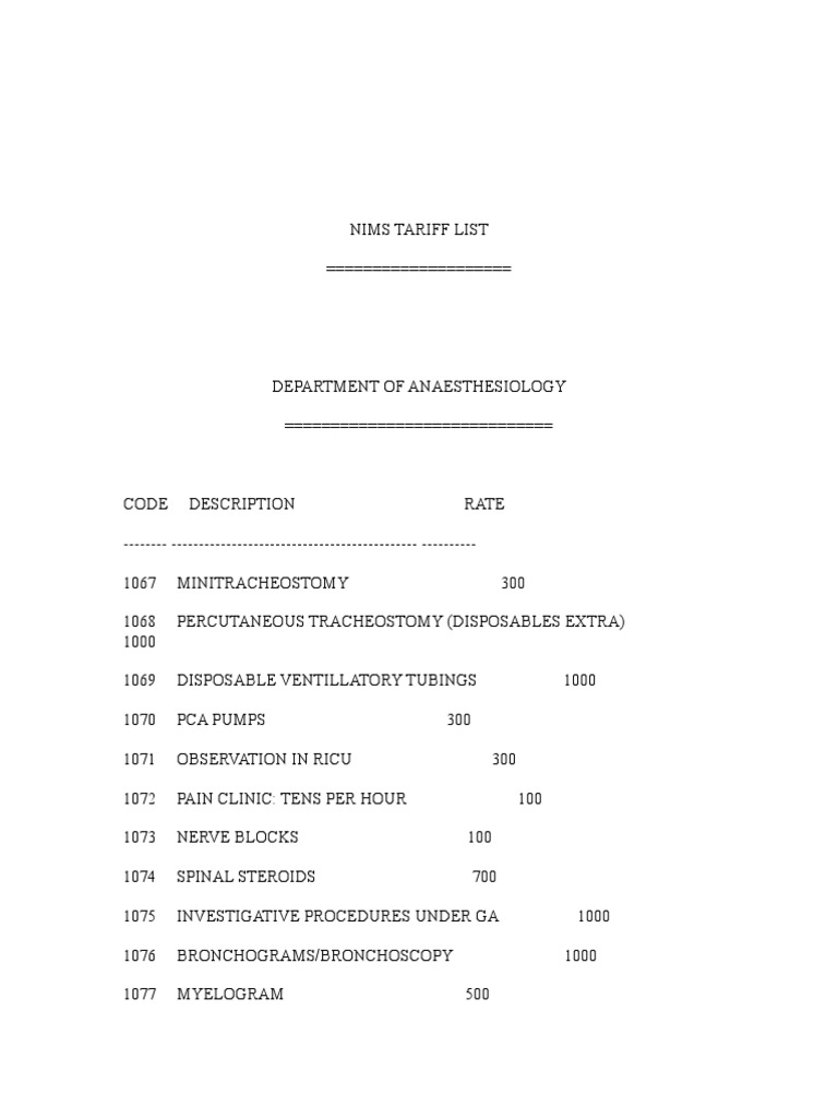 Tariff List for Anaesthesiology, Blood Bank, and Biochemistry