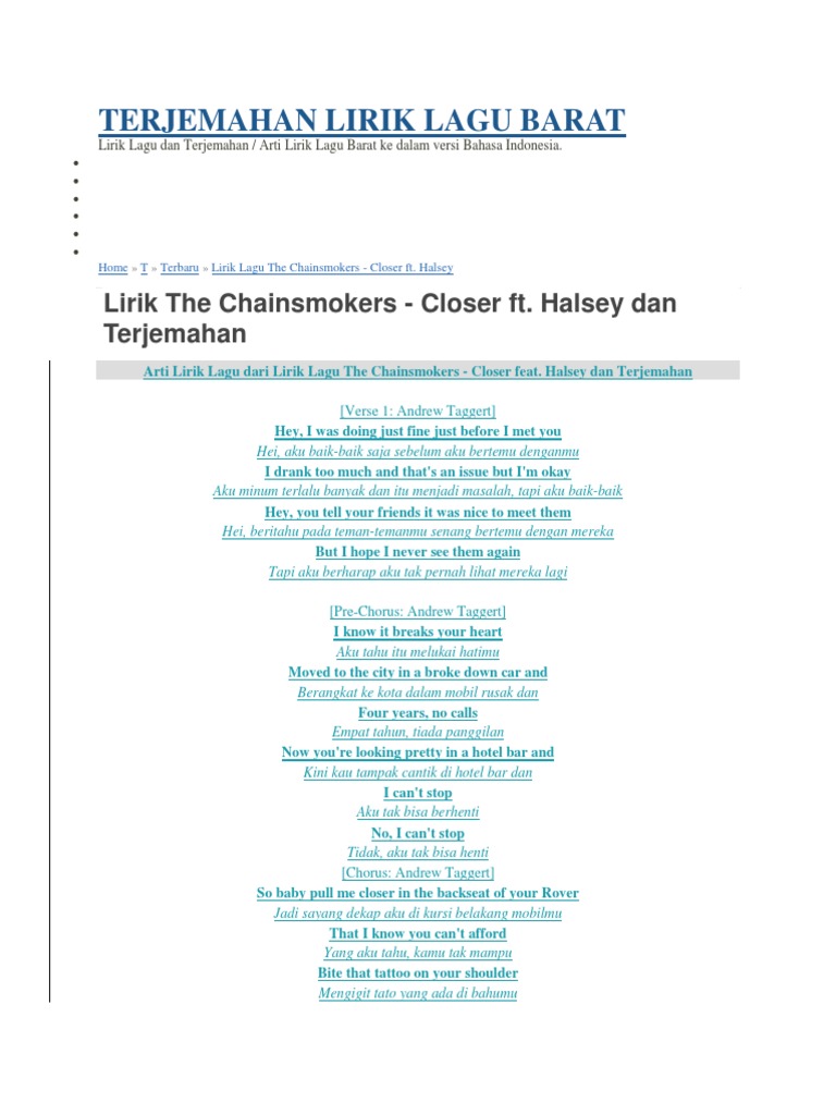Terjemahan Lirik Lagu Barat
