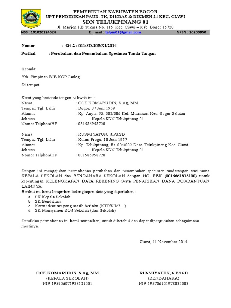 Permohonan Penambahan Specimen Tanda Tangan