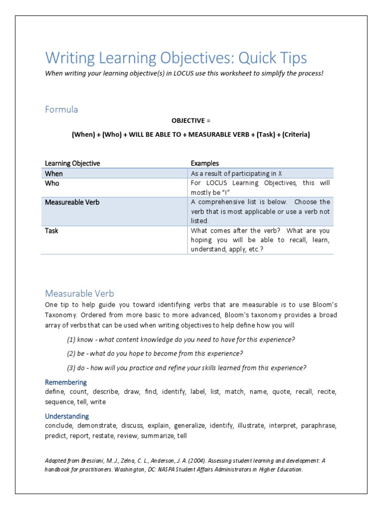 Writing Learning Objectives Worksheet | PDF | Pedagogy | Learning