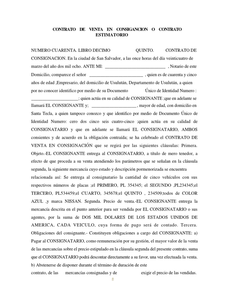 Contrato de Venta en Consigancion o Contrato Estimatorio