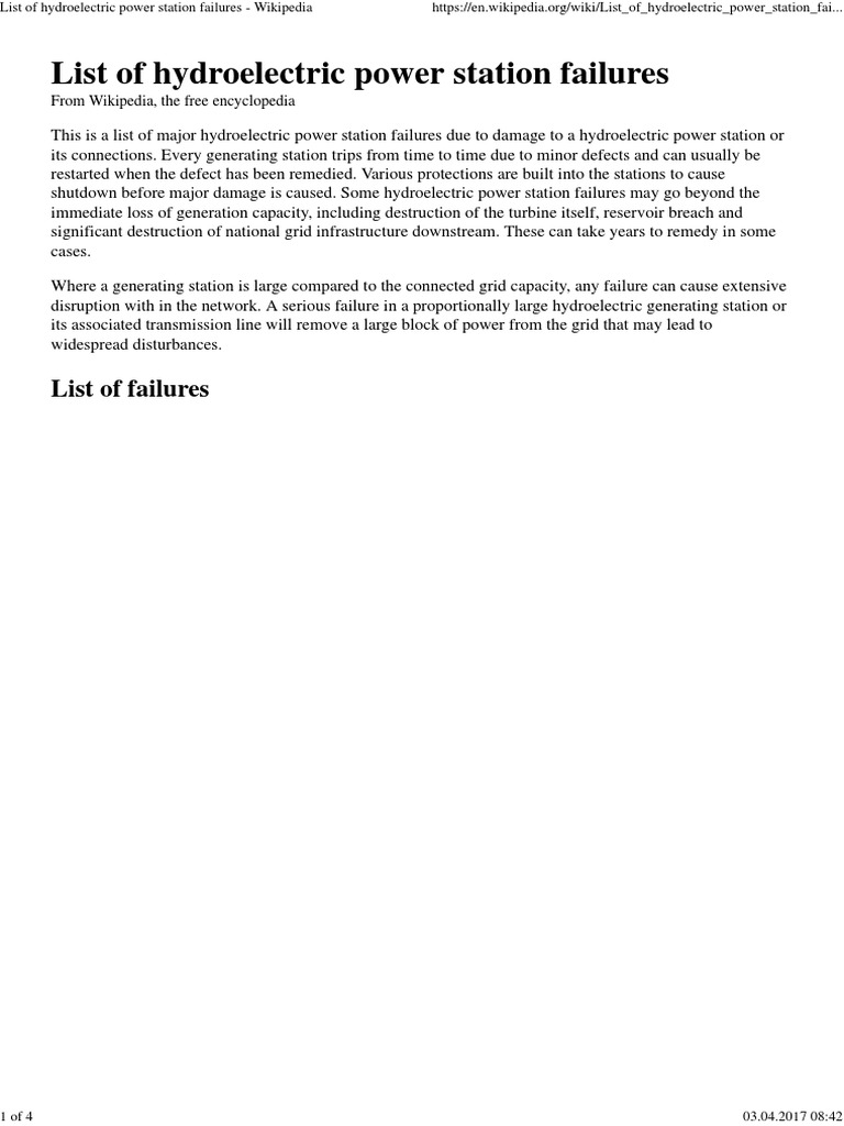 List of Hydroelectric Power Station Failures PDF Hydroelectricity Dam