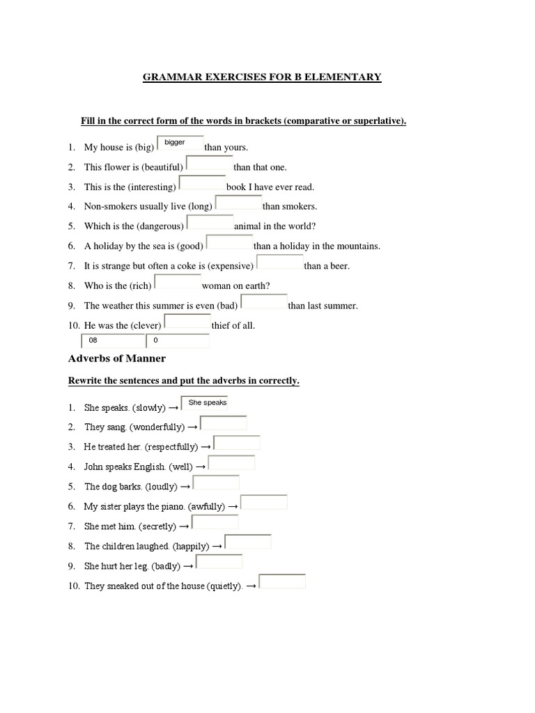 Grammar Exercises For B Elementary | PDF | Adverb | Syntax