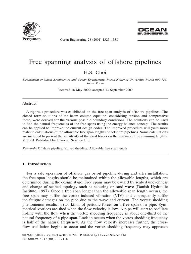 Choi 2000 Free Spanning Analysis of Offshore Pipelines | PDF | Vortices