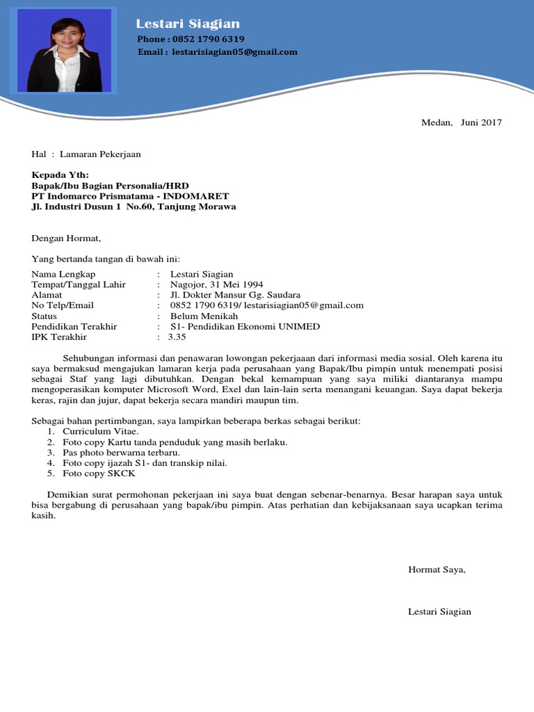 Surat Lamaran Kerja Untuk Alfamart