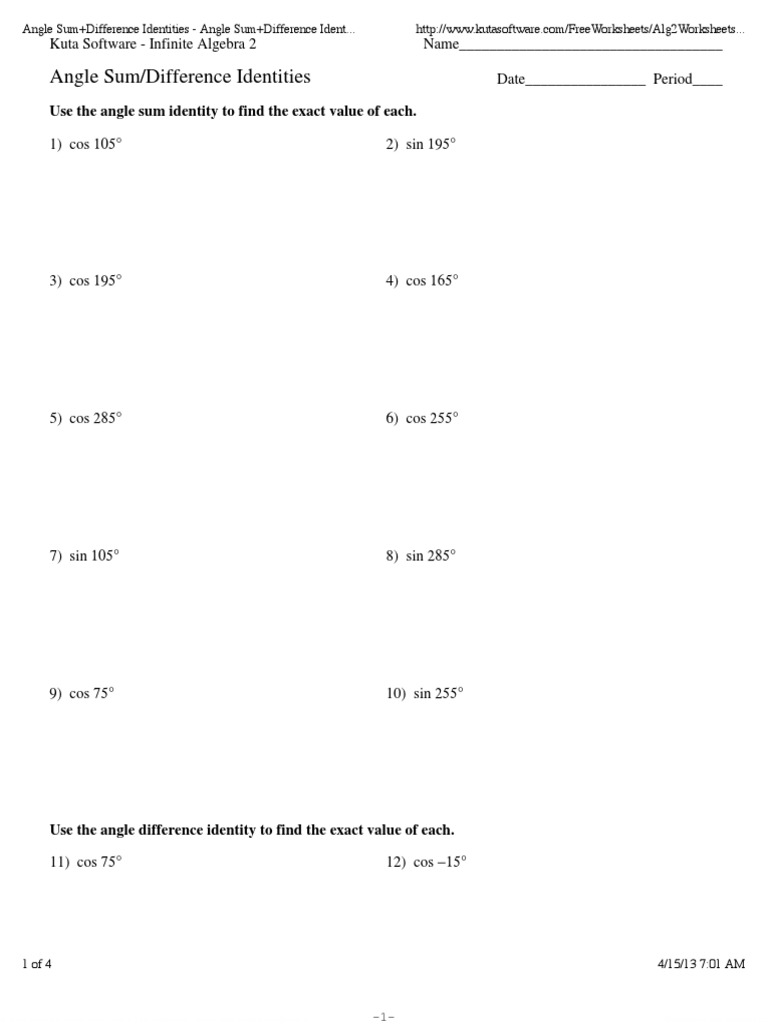Angle Sum Difference Identities Angle Sum Difference Identities Pdf