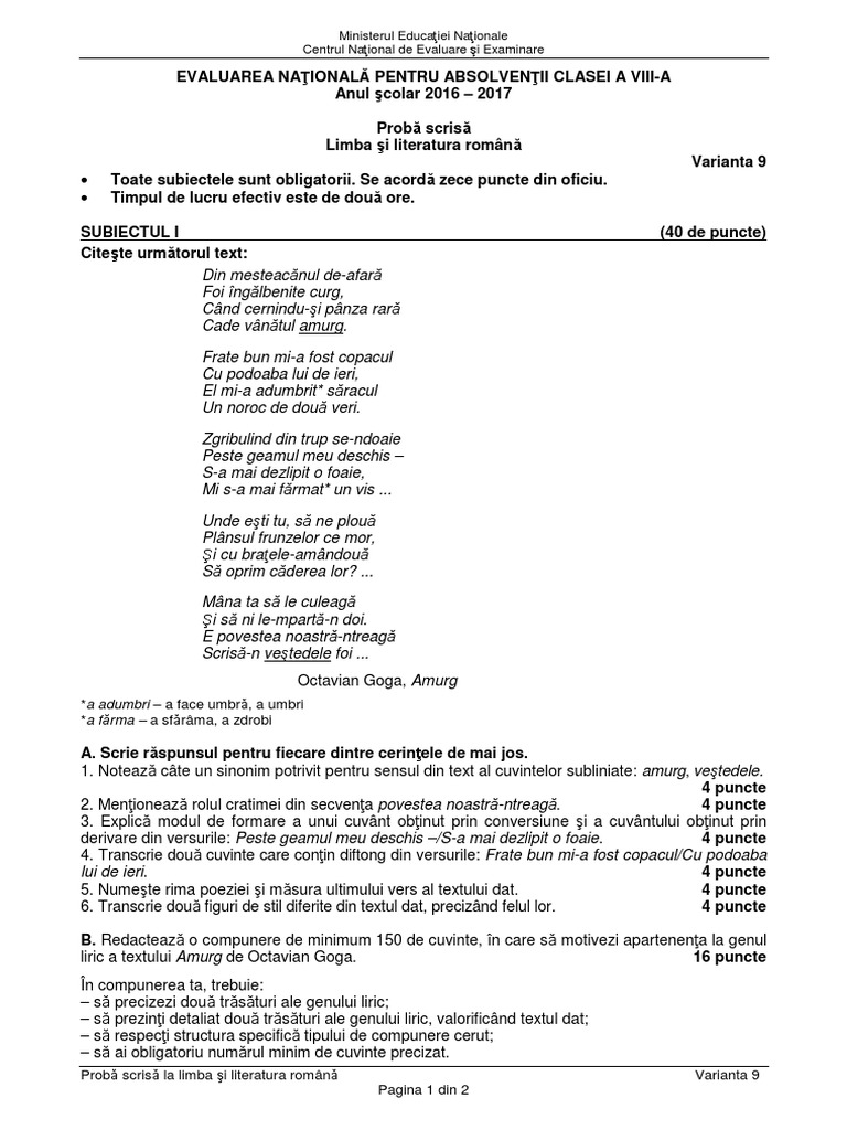 Evaluarea Nationala Limba Romana