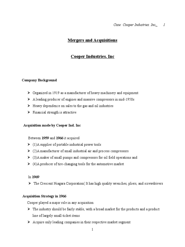 Case Studies On Cooper Industries Inc PDF Mergers And Acquisitions