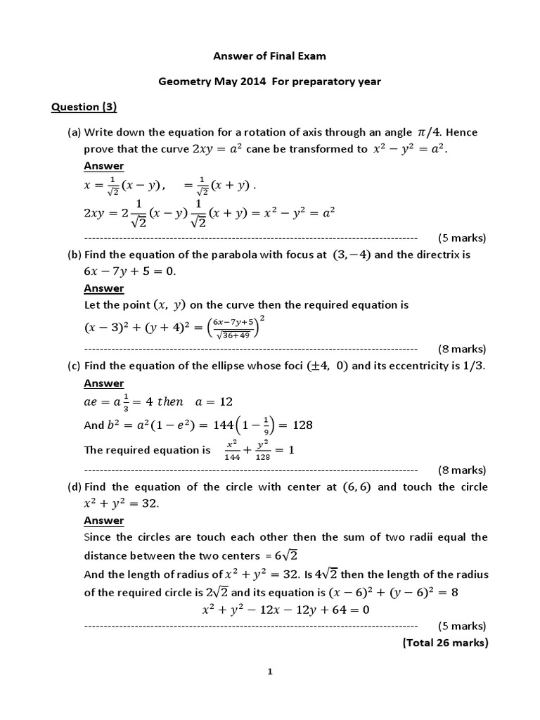 Answer of Final Exam Geometry May 2014 For Preparatory Year Question
