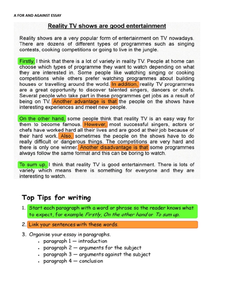 for and against essay rules