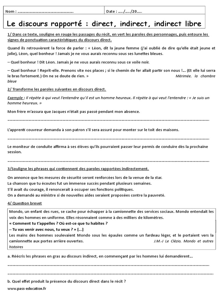 Exercice Discours Direct Indirect Indirect Libre Direct Indirect Indirect Libre 3ème Exercices À Imprimer Sur Les Discours  Rapportés | PDF