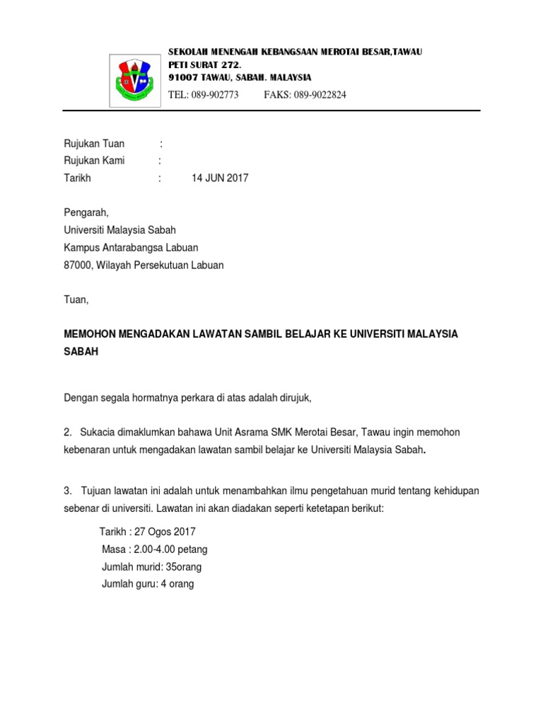 Surat Kebenaran Pengetua Lawatan Sambil Belajar