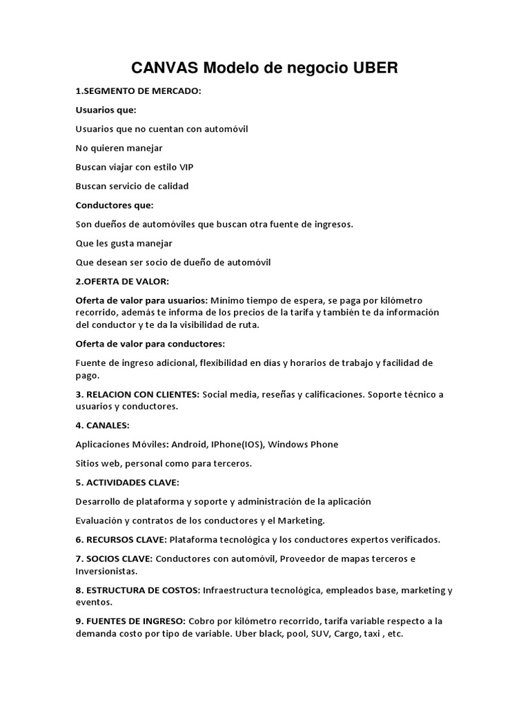 CANVAS Modelo de Negocio UBER | PDF