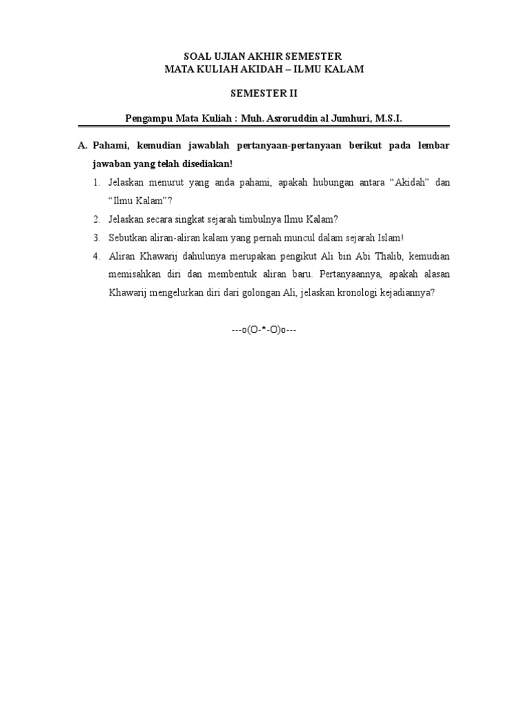 Soal Uas Mk Akidah Ilmu Kalam