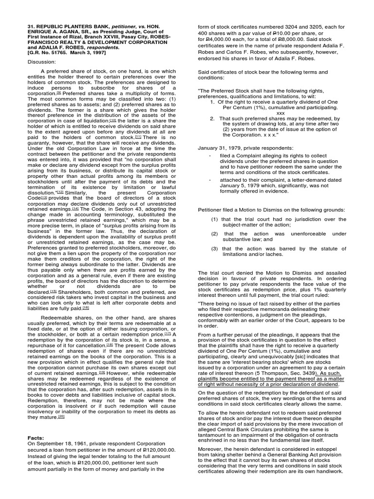 Republic Planters Bank Vs Agana PDF Dividend Preferred Stock