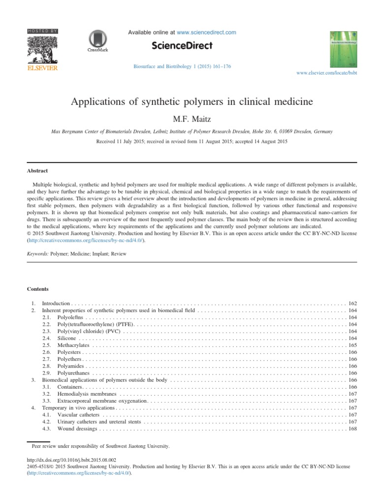 Medical Applications of Synthetic Polymers | PDF | Polymers | Polyethylene
