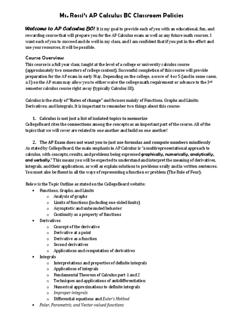 ap calculus bc syllabus student version | Derivative | Integral