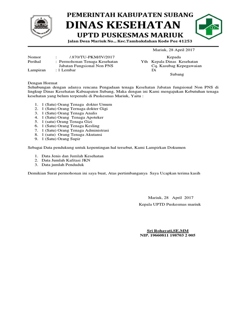 Surat Permohonan Tenaga Kesehatan Docx