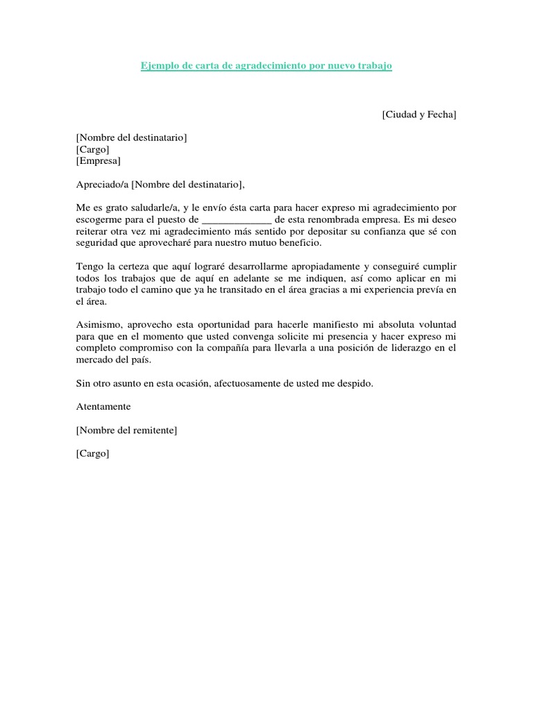 Ejemplo de Carta de Agradecimiento Por Nuevo Trabajo