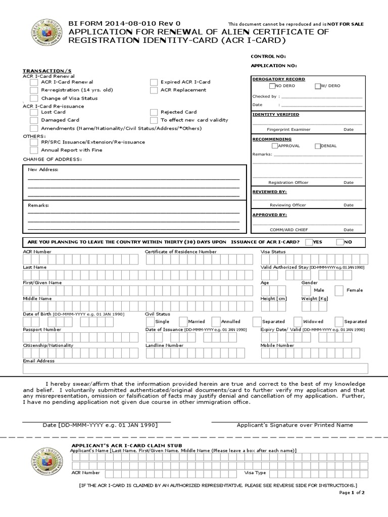 ACR I-Card Renewal Application Form | PDF | Identity Document ...