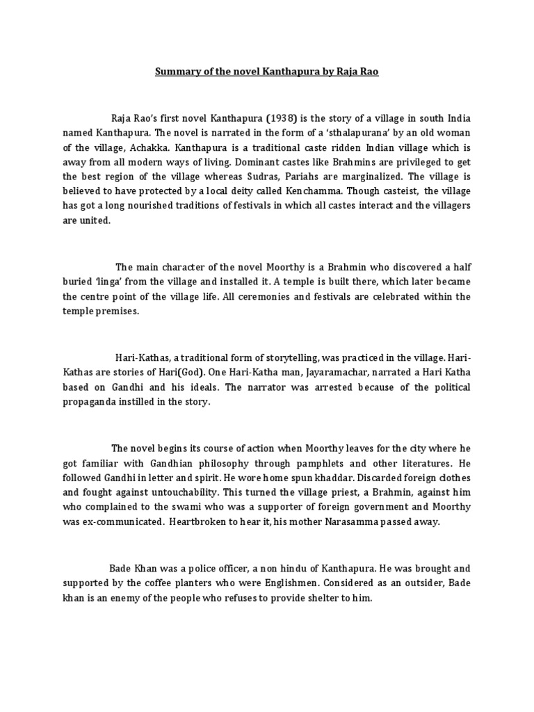 Summary of The Novel Kanthapura by Raja Rao PDF Religion And Belief