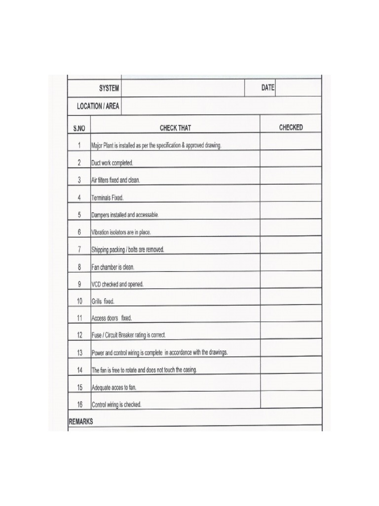 Pre Commissioning Check Test Sheet Fans PDF