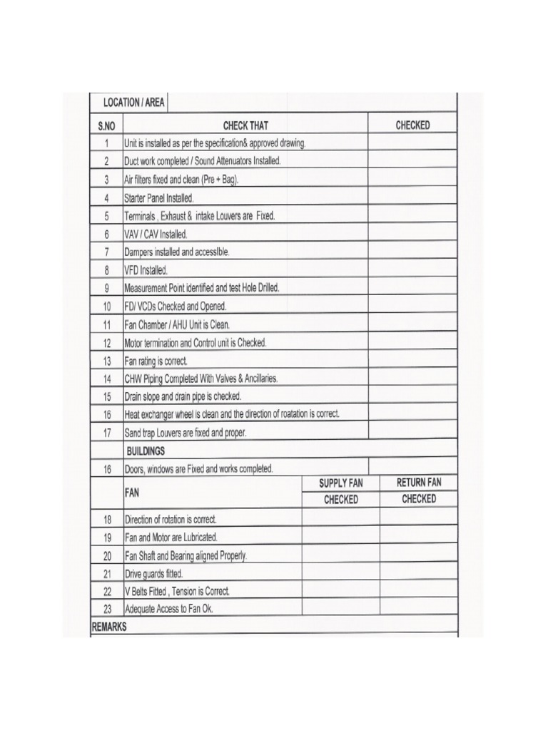 Pre Commissioning Check List FAHU | PDF
