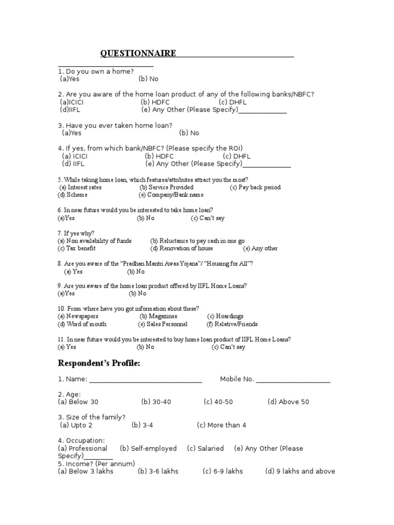 Home Loan Survey Questionnaire | PDF | Career & Growth