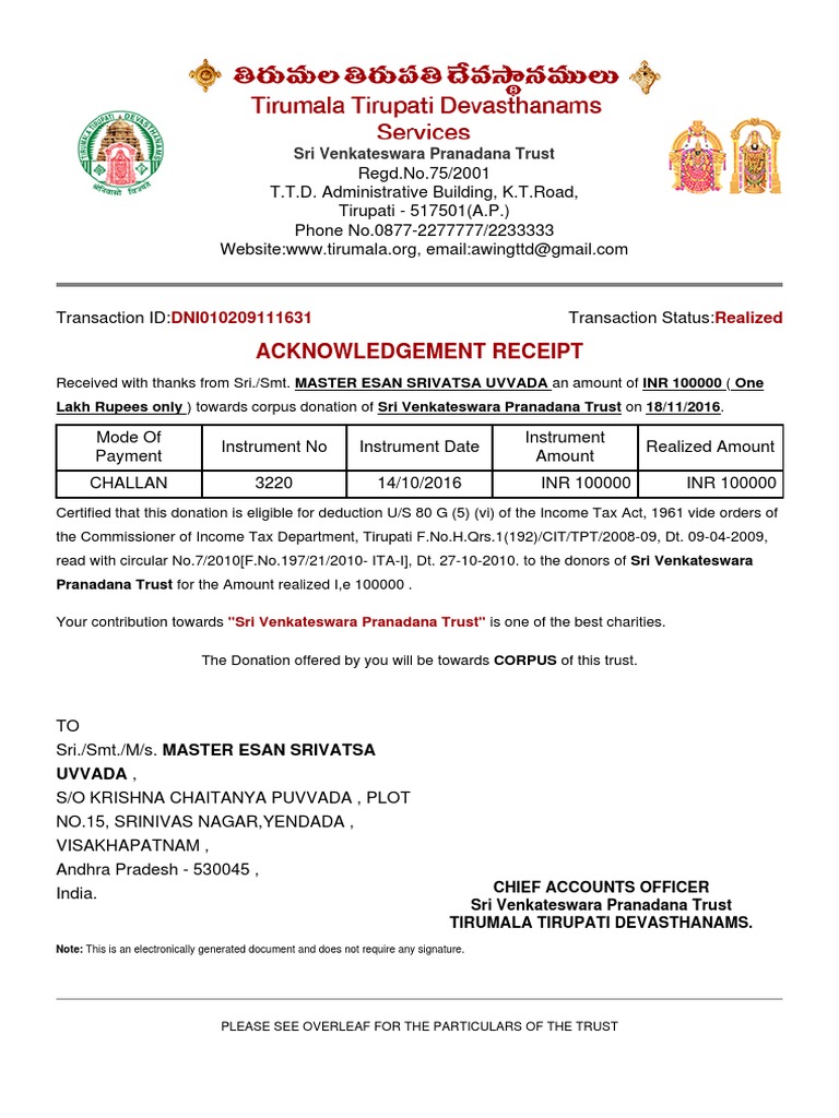 TTD Donation Acknowledgement Receipt | PDF | Government Finances | Taxes